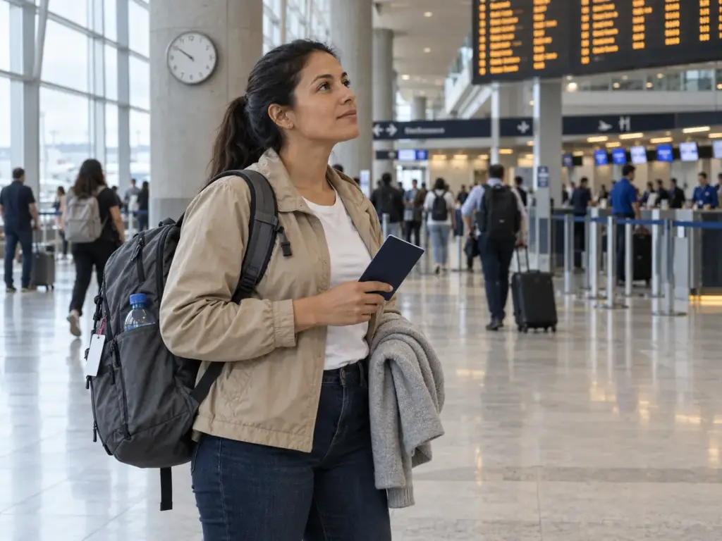 Salir de México y Reentrar vs Regularizar Dentro del País 4 Viajera con pasaporte en la terminal de un aeropuerto en México antes de salir de México y reentrar con visa