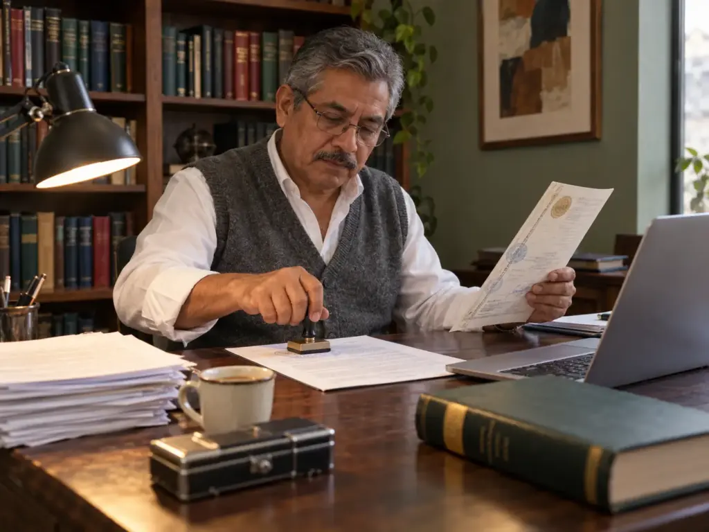 Perito traductor revisando un documento apostillado antes de la traducción para un trámite migratorio en México