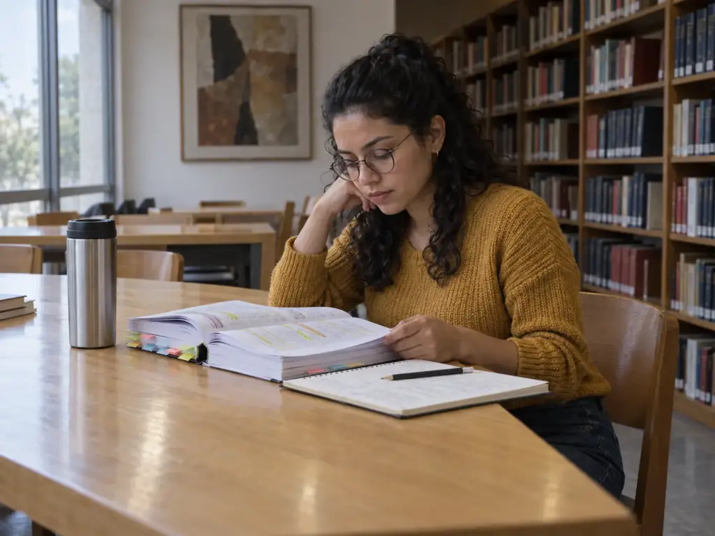 Mujer estudiando con una guía impresa para el examen de la carta de naturalización en una biblioteca de Querétaro