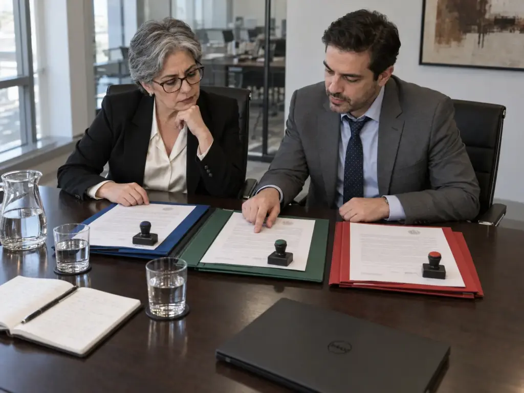 Directora de finanzas y abogado revisando las carpetas de cada sociedad de un grupo para la CIE en una sala de juntas