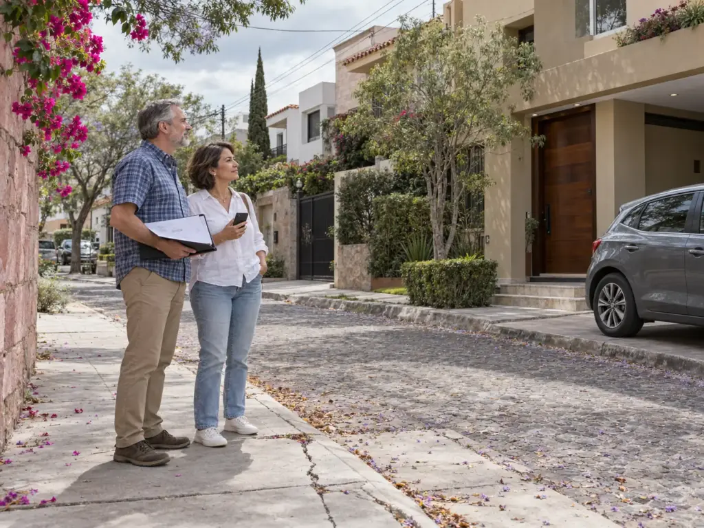 Pareja extranjera con una carpeta de documentos frente a una casa en un fraccionamiento de Querétaro antes de comprar