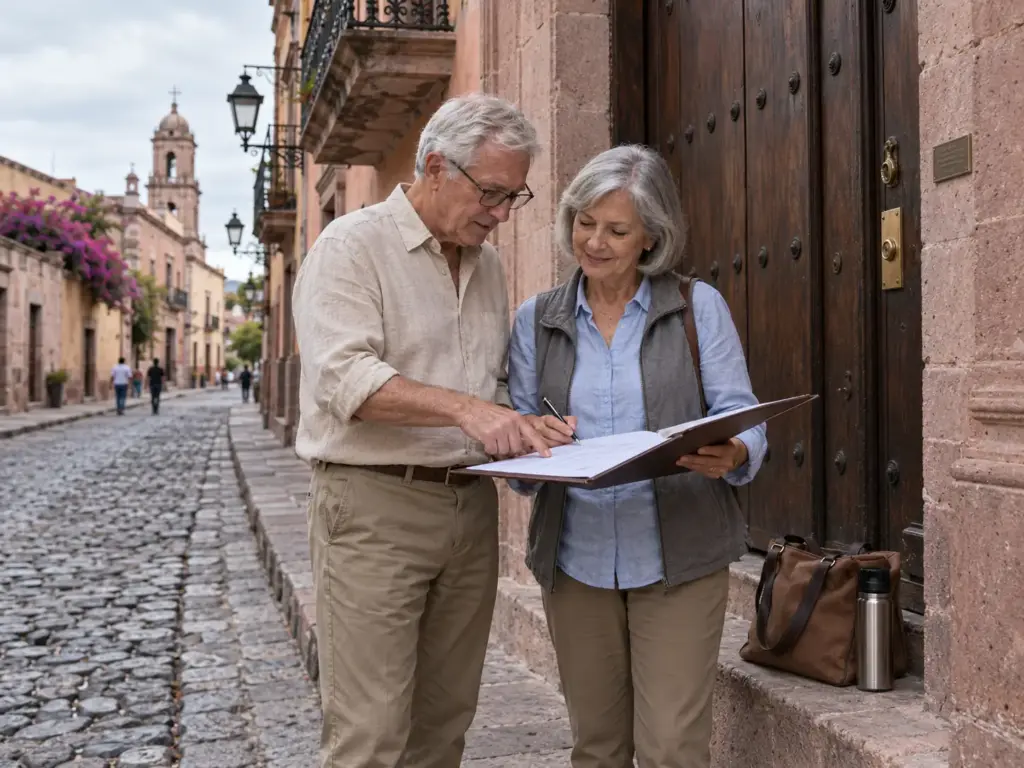 4 Errores al Calcular el Monto de la Visa por Inversión 2026 4 Pareja estadounidense revisando un contrato de compraventa frente a una casa colonial en el Centro Histórico de Querétaro
