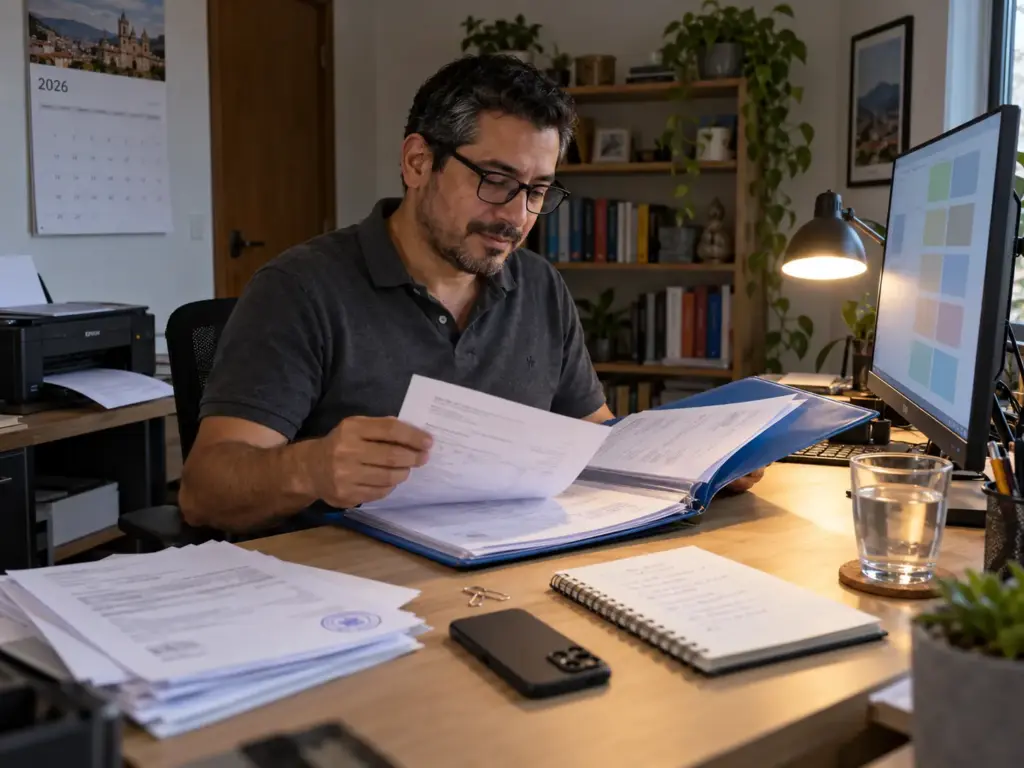 Freelancer sudamericano revisando comprobantes de ingresos de sus clientes para una visa de residente temporal