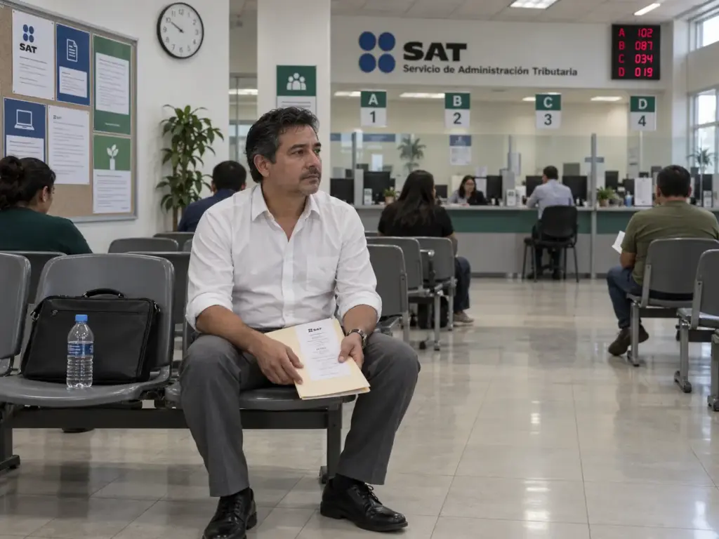 Contribuyente extranjero espera su turno con su carpeta en una oficina de atención al público del SAT en Querétaro