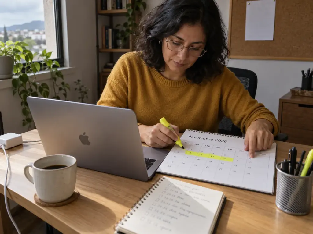 Mujer marcando los días hábiles en un calendario de escritorio para contar el plazo de resolución del INM