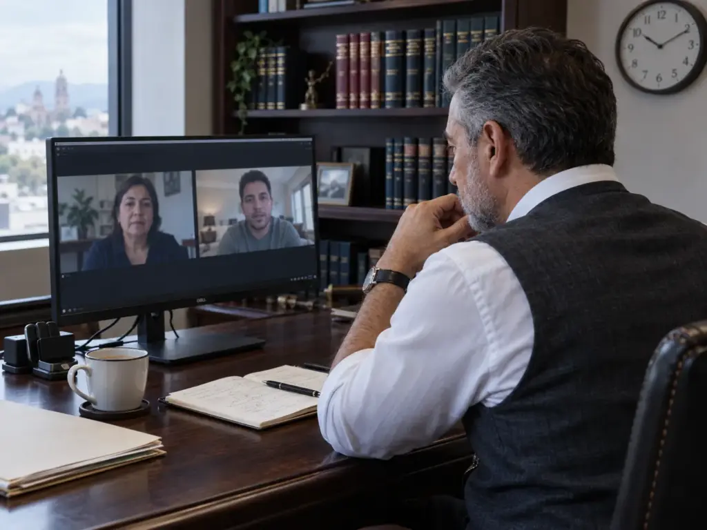 Requisitos del Contrato Laboral para Tu Visa de Trabajo 4 Abogado migratorio en videollamada con cliente extranjero sobre cuándo firmar el contrato laboral para la visa de trabajo