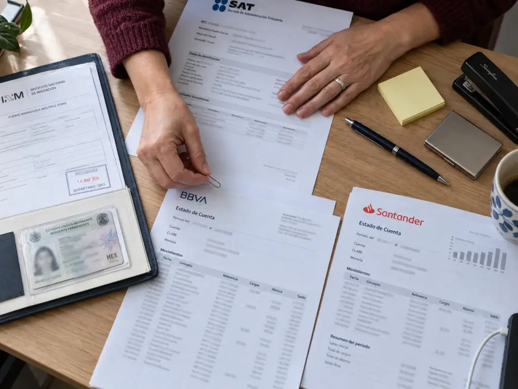 ¿Declaración Anual SAT para Extranjeros? Quién Debe y Cuándo 6 Manos revisan expediente migratorio junto a constancia fiscal y estados de cuenta sobre una mesa de trabajo