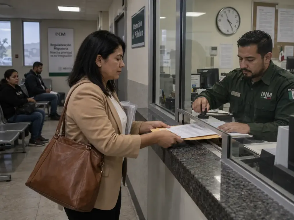 Cómo Redactar un Escrito de Aclaración por Silencio del INM 5 Mujer entregando un escrito en la ventanilla de una oficina del INM en Querétaro y recibiendo su copia sellada