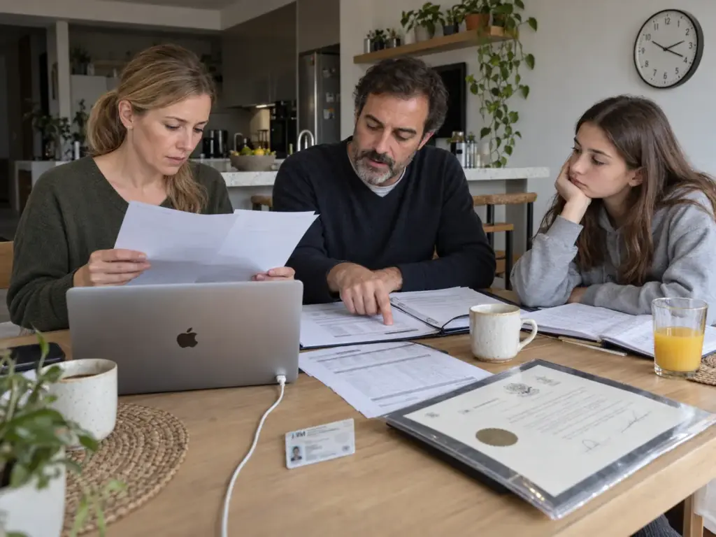 ¿Validar Estudios Extranjeros ante la SEP? Es Revalidar 4 Familia extranjera en la mesa del comedor revisando documentos escolares y de cédula profesional en su casa de Querétaro