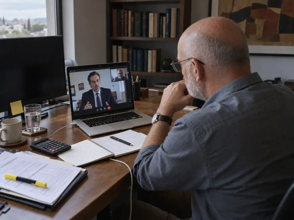 Expatriado en una videollamada con su asesor fiscal para revisar impuestos de una herencia en México