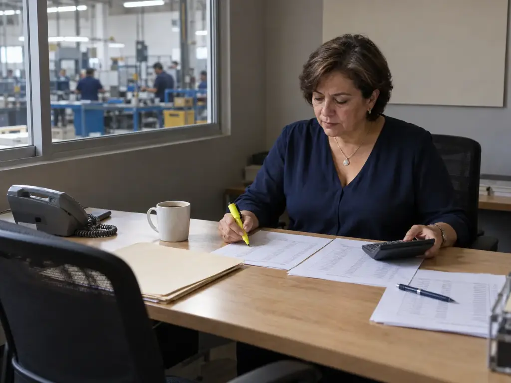 Sanciones por Contratar Extranjeros Sin CIE, Sin Mitos 5 Empresaria revisa su plantilla con una lista impresa para cumplir el límite de personal extranjero de la ley laboral