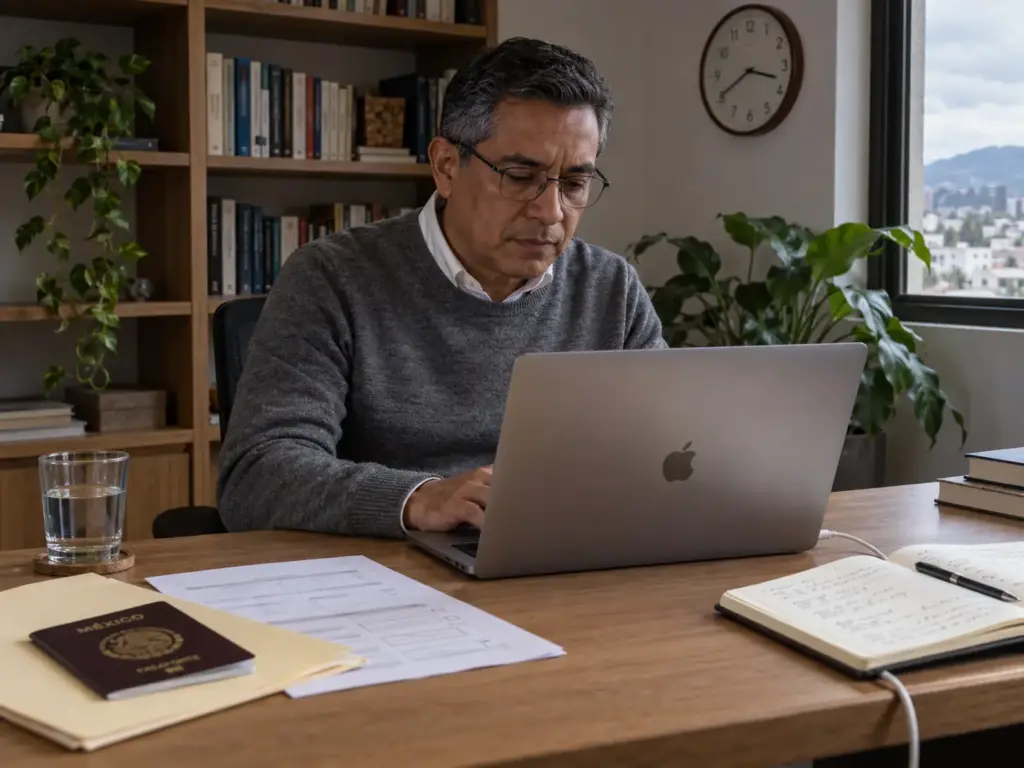 Residente extranjero llenando en su laptop la notificación de cambio de datos ante el INM antes de reponer su tarjeta