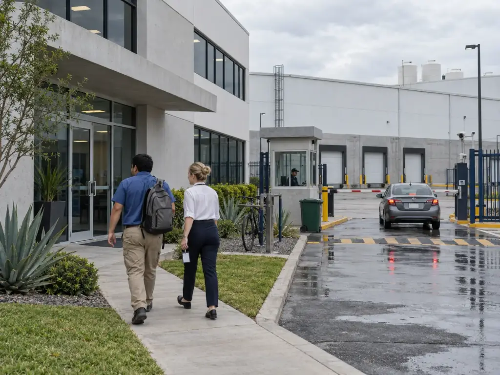 ¿Outsourcing de Extranjeros? Qué Cambió con la Reforma 4 Exterior de un edificio de oficinas y una nave en un parque industrial de Querétaro en una mañana nublada