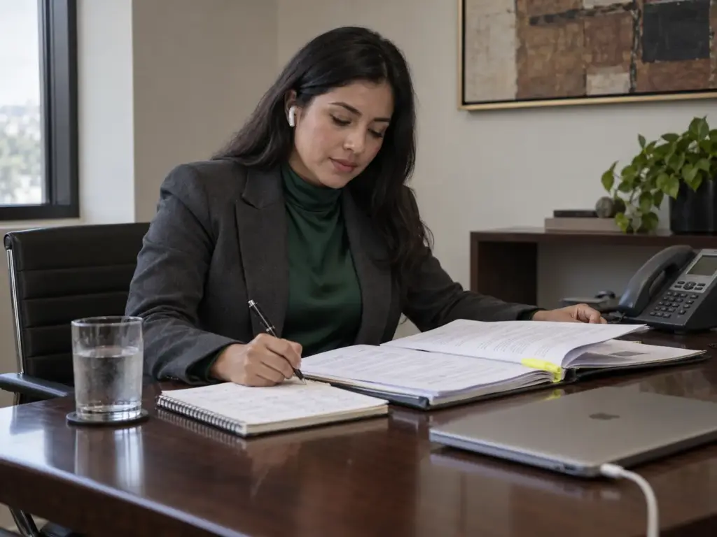 Cómo Consultar Tu Expediente Digital del INM en Línea 5 Abogada migratoria al teléfono con un expediente abierto mientras orienta a un cliente sobre el seguimiento en el INM