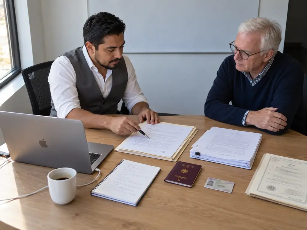Abogado y cliente revisando originales y copias de los documentos que llevar a la comparecencia en el INM Querétaro