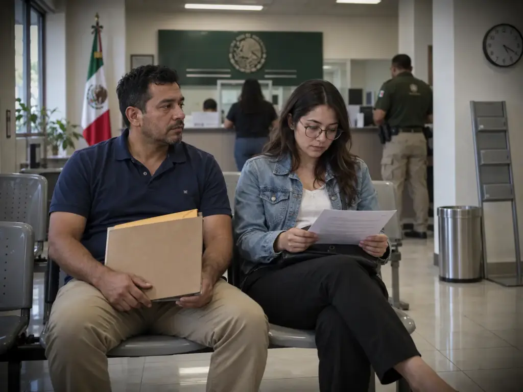 Arraigo en Querétaro Paso a Paso, Cuál Vía Te Toca 4 Pareja esperando con su carpeta en una oficina de atención del INM en Querétaro durante su trámite de regularización