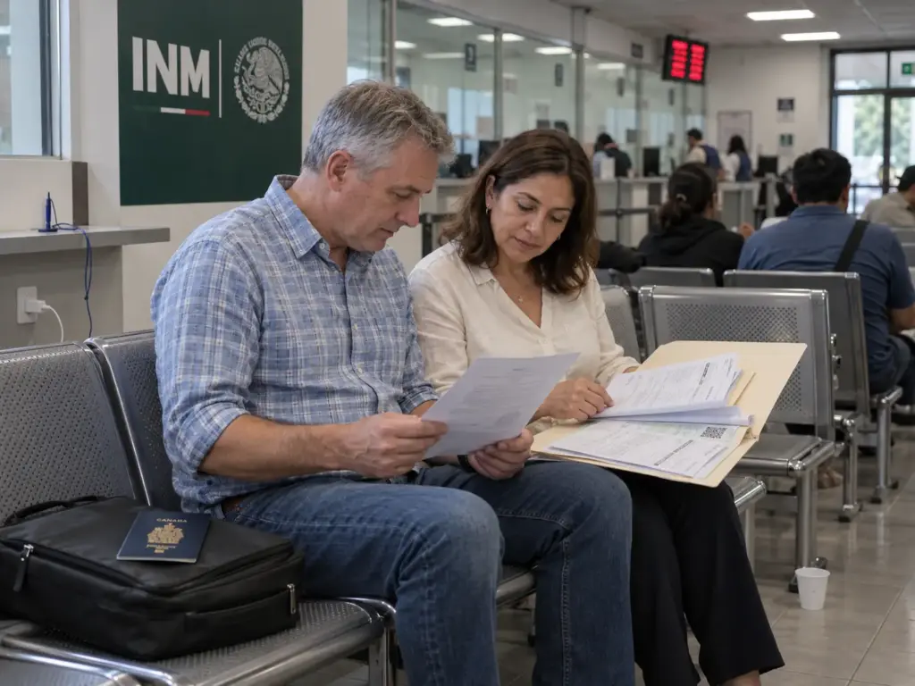 Salir de México y Reentrar vs Regularizar Dentro del País 5 Pareja con su expediente en la sala de espera del INM para regularizar dentro de México en lugar de salir y reentrar