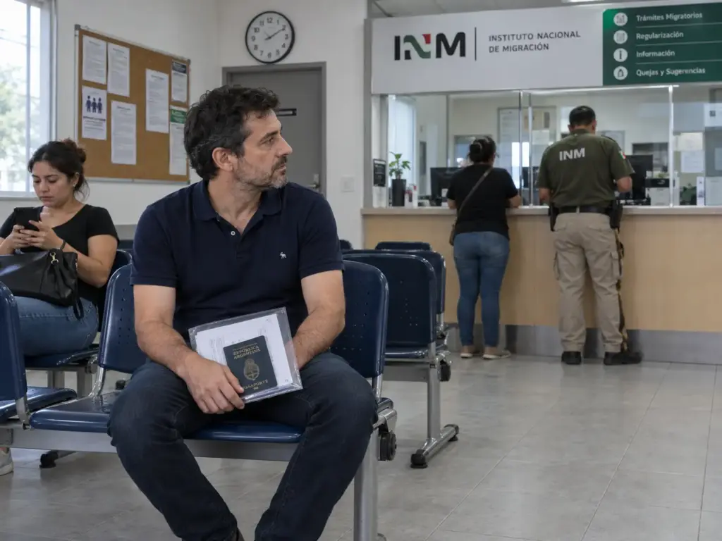 Sala de espera de una oficina del INM en México con viajeros aguardando su turno para un trámite
