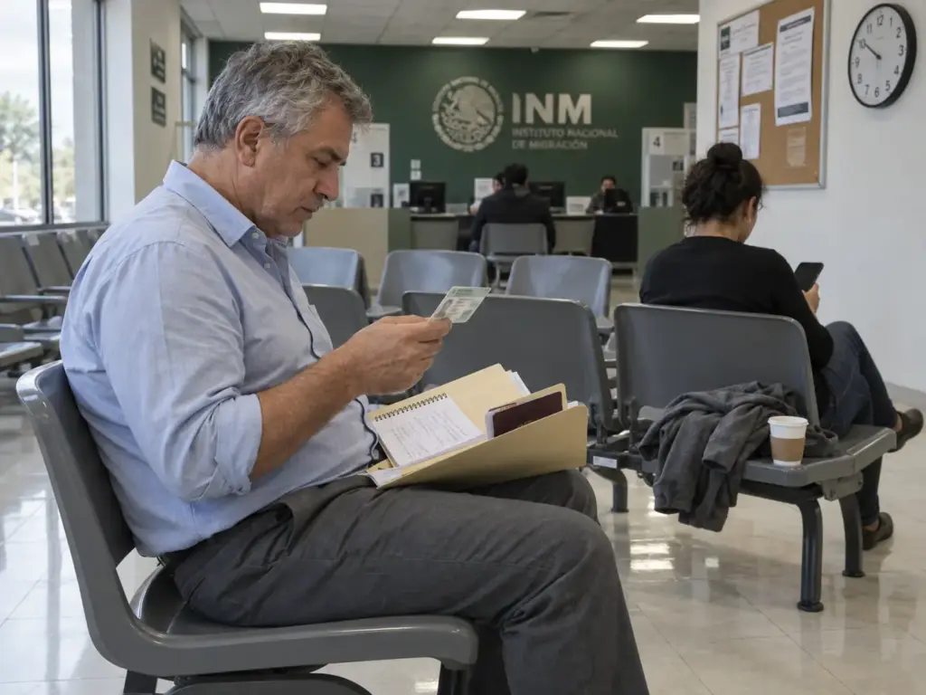 Hombre revisando fechas de su tarjeta de residente temporal en la sala de espera de una oficina del INM en Querétaro