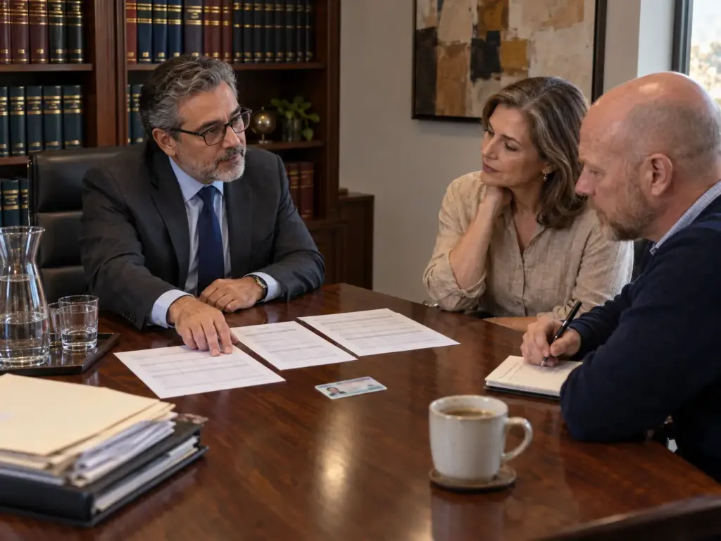 Abogado migratorio comparando tres opciones de seguro médico con una pareja europea residente en su consulta en Querétaro