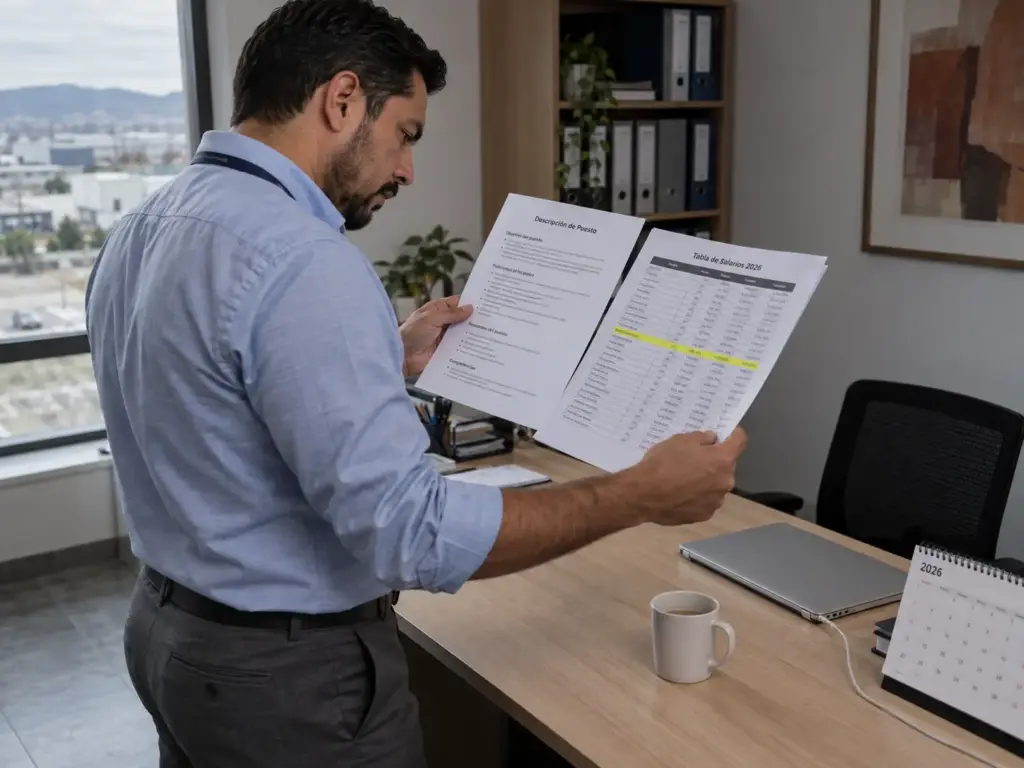 ¿La CIE Revisa el Salario Mínimo Profesional de Extranjeros? 5 Jefe de recursos humanos comparando el puesto con la tabla de salarios mínimos profesionales de CONASAMI 2026