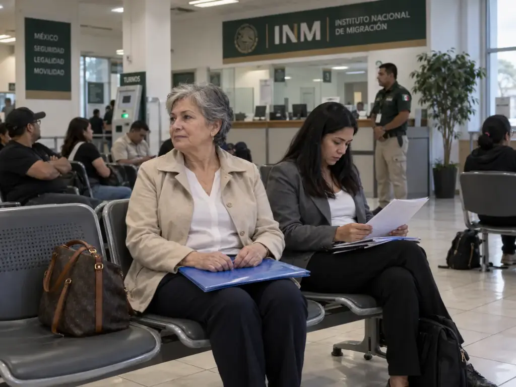 Mujer con una carpeta de documentos esperando su turno en una sala de atención del INM en Querétaro