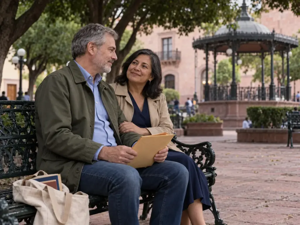 Pareja sentada en una banca del Centro Histórico de Querétaro con un sobre cerrado, tras obtener la carta de naturalización