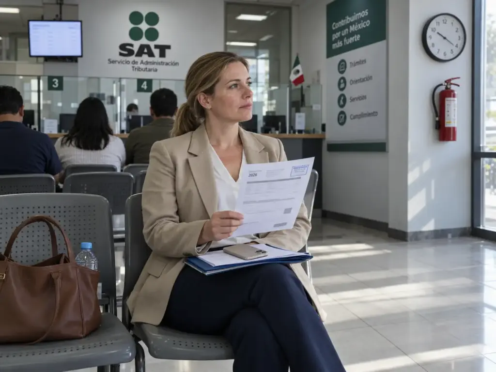 Mujer europea esperando su turno en una oficina de atención del SAT con la cita impresa para la constancia fiscal