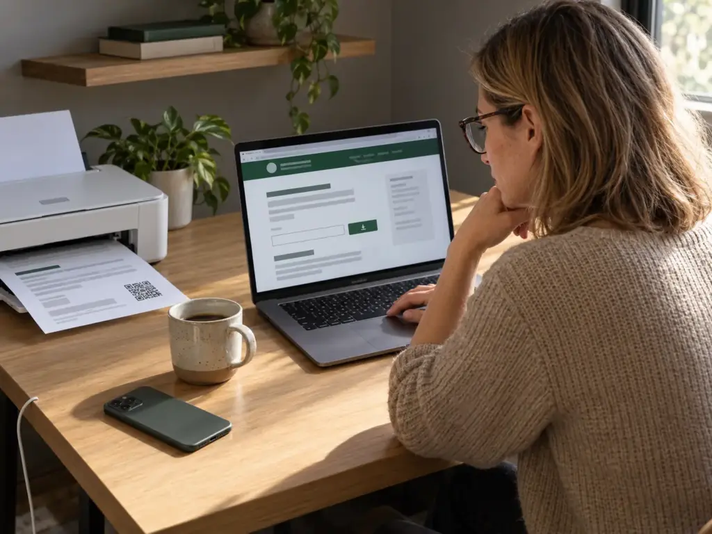 Profesional extranjero descarga su constancia de situación fiscal desde su laptop en casa en Querétaro