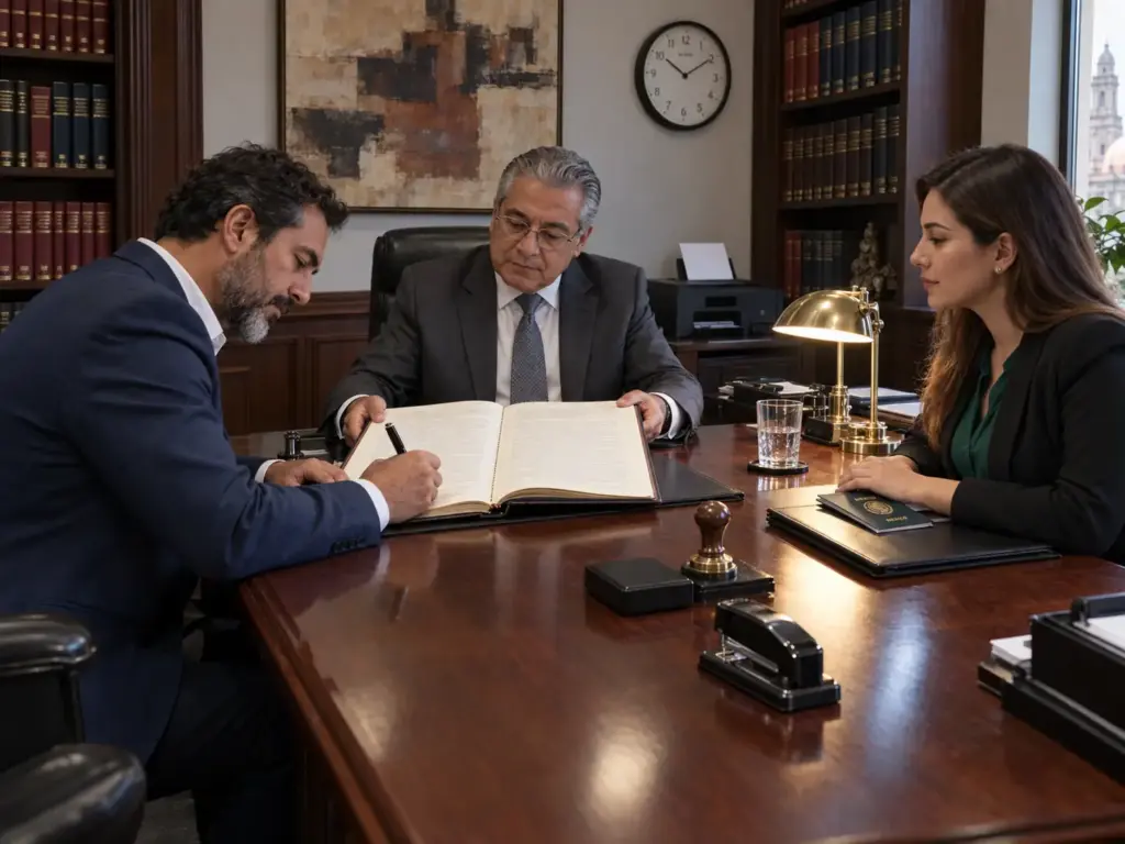 Dos socios firman el acta constitutiva de su empresa ante un notario en Querétaro durante la constitución