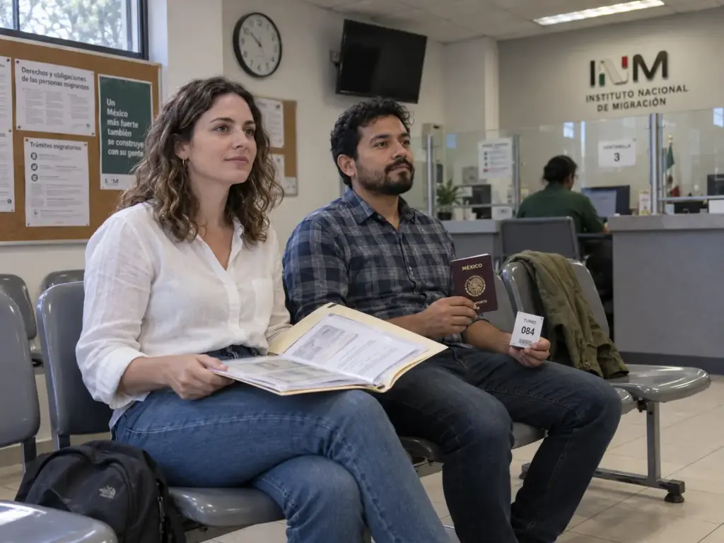 Pareja en sala de espera de una oficina de atención migratoria mexicana con su carpeta de documentos