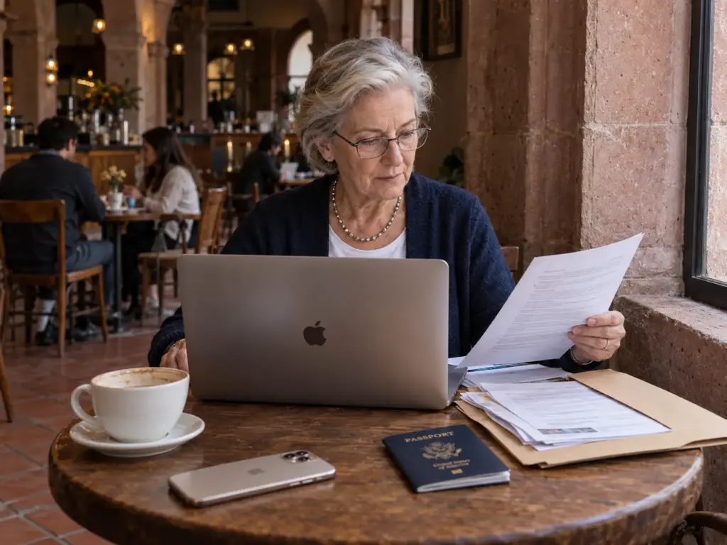 Cómo Consultar Tu Expediente Digital del INM en Línea 6 Mujer jubilada estadounidense con carpeta de documentos y laptop en una cafetería del Centro Histórico de Querétaro