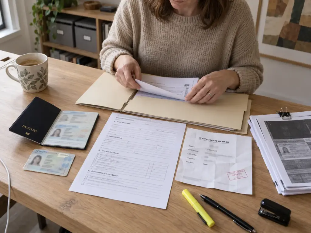 Carpeta ordenada con pasaporte, copias, formato básico y comprobante de pago para reponer la tarjeta de residente
