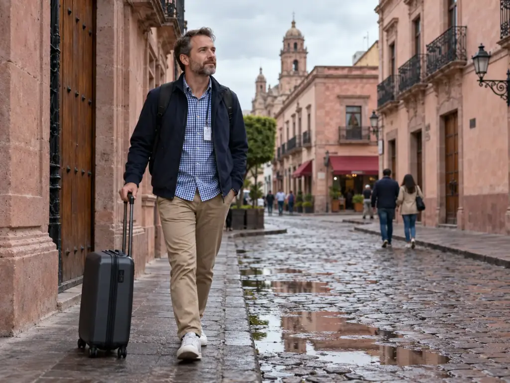 Visa de Visitante con Permiso para Trabajar en 5 Pasos 6 Técnico extranjero camina con maleta de cabina por el Centro Histórico de Querétaro al comenzar su proyecto con la visa