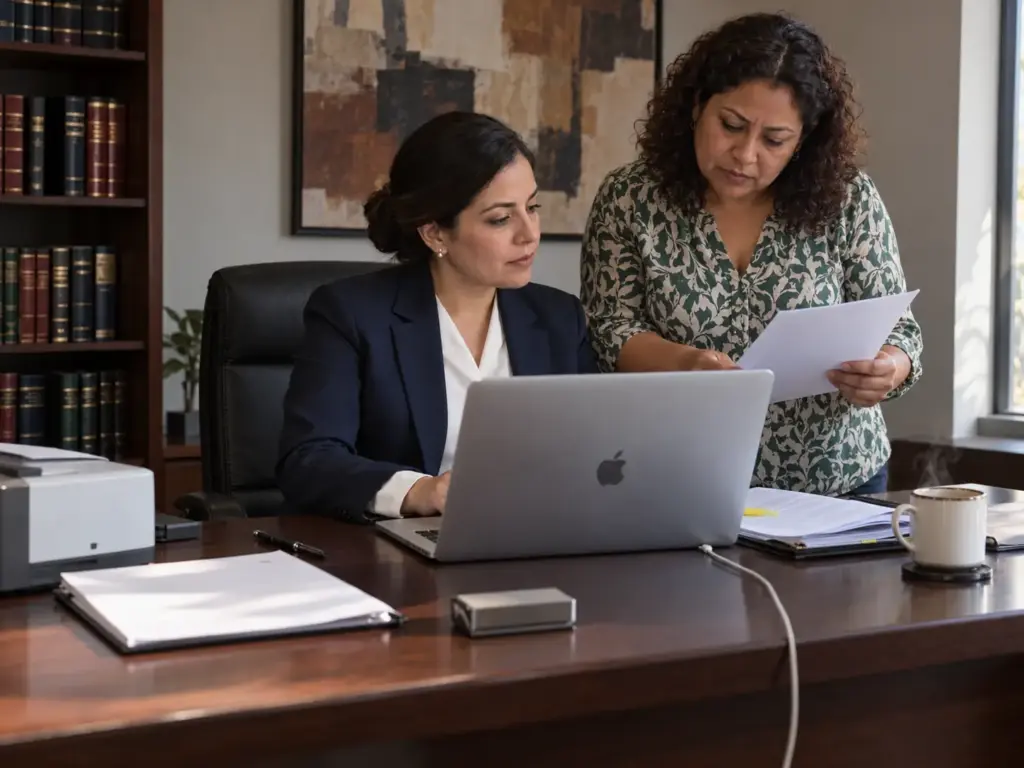 Cómo Armar la Carpeta de Evidencias para Acreditar Arraigo 6 Abogada migratoria redactando junto a una clienta el escrito de regularización de la carpeta de evidencias