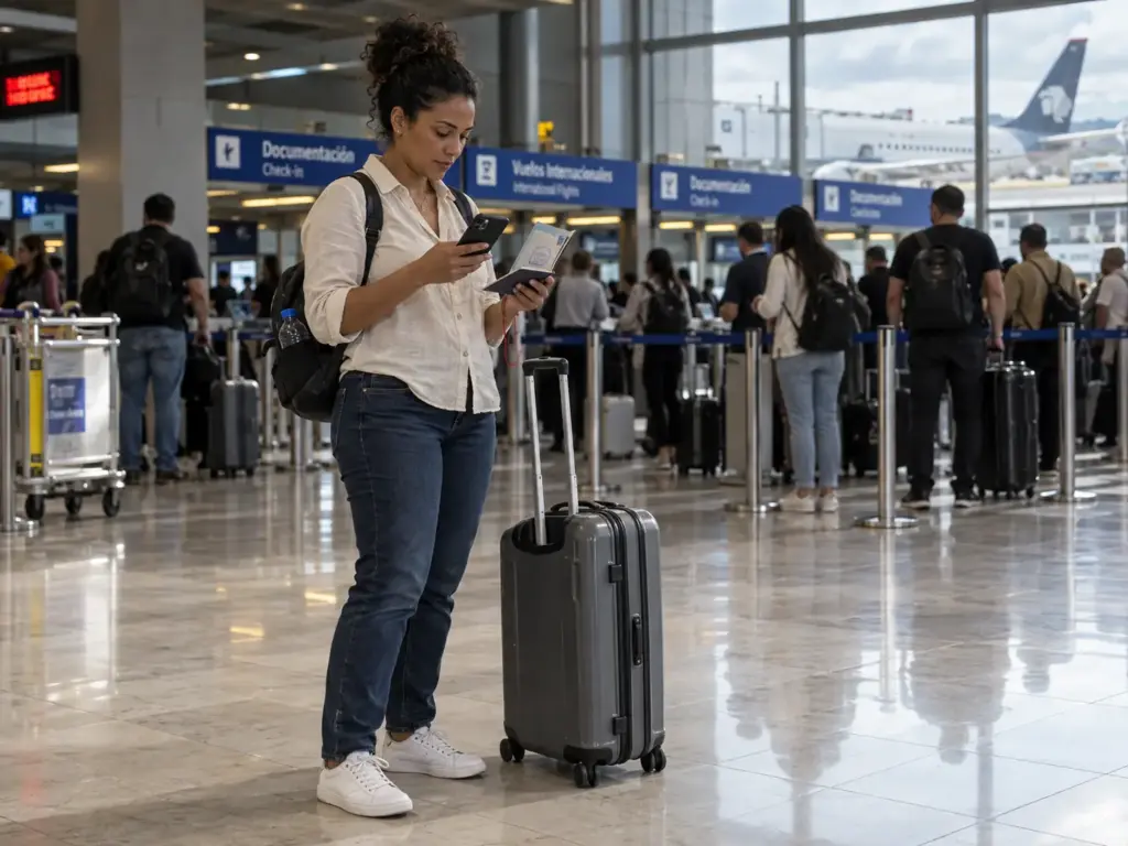 Viajera con maleta de mano revisando sus documentos en la sala de salidas de un aeropuerto mexicano