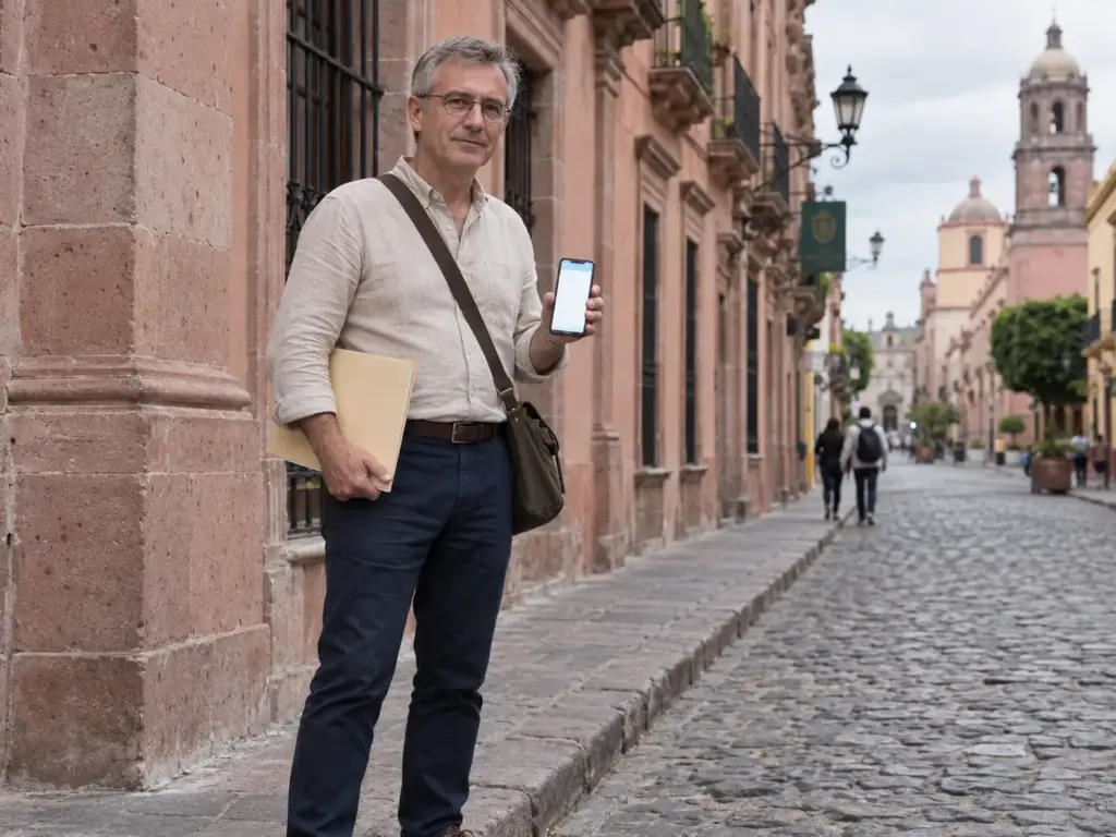 Hombre extranjero consultando su teléfono con una carpeta bajo el brazo en una calle empedrada del centro histórico de Querétaro