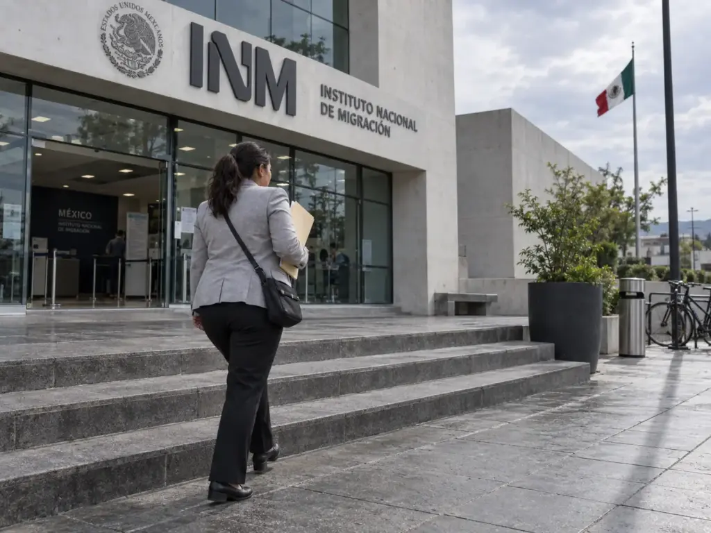 Mujer con una carpeta de documentos subiendo la escalinata de una oficina del INM en Querétaro