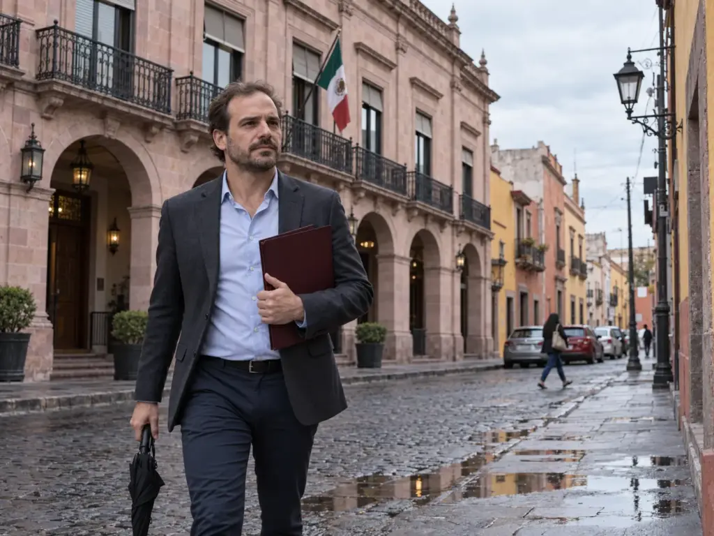 Hombre extranjero con una carpeta de documentos frente a un edificio de gobierno en el centro de Querétaro