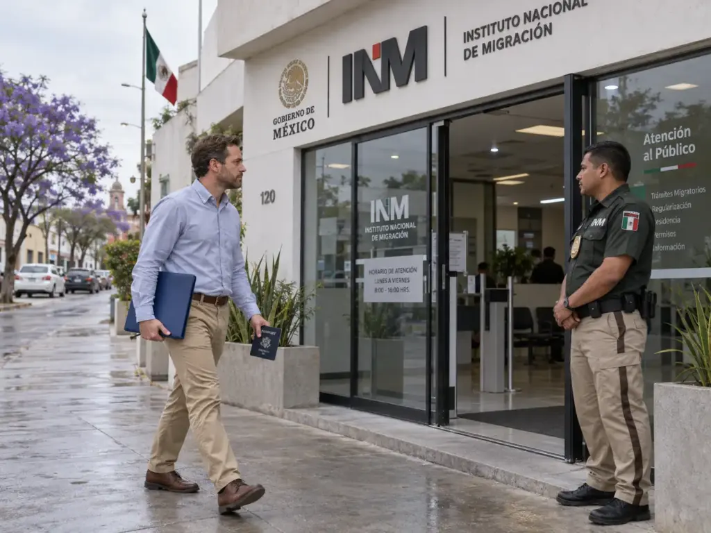 Requisitos del Contrato Laboral para Tu Visa de Trabajo 5 Hombre con carpeta entrando a una oficina del INM en Querétaro para canjear su visa de trabajo por tarjeta de residente