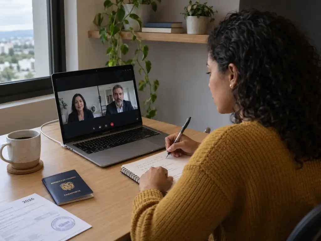 Salir de México y Reentrar vs Regularizar Dentro del País 6 Mujer en videollamada con su abogado migratorio sobre el permiso de salida y regreso para salir de México y reentrar