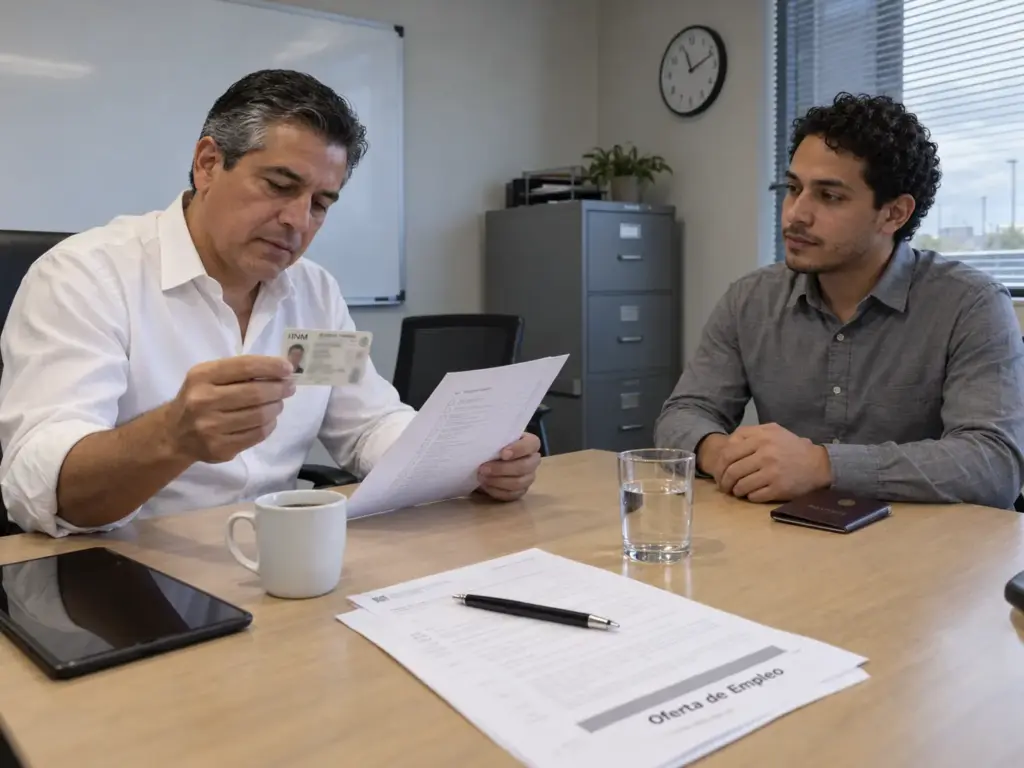 El Patrón No Es Solidario ante el INM, pero Sí Responde 6 Dueño de una pyme verificando la tarjeta de residente de un candidato extranjero antes de firmar la oferta de empleo en Querétaro