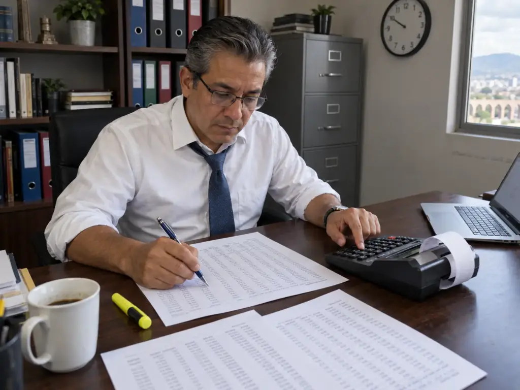 ¿La CIE Revisa el Salario Mínimo Profesional de Extranjeros? 6 Contador calculando el salario mínimo mensual y el valor de la UMA con una calculadora y una hoja de nómina