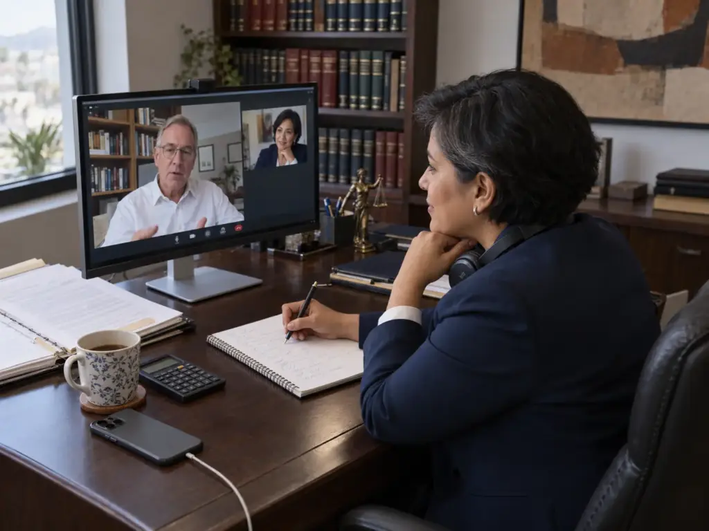 Abogada migratoria en videollamada con un cliente extranjero explicando las rutas de crédito sin historial en México