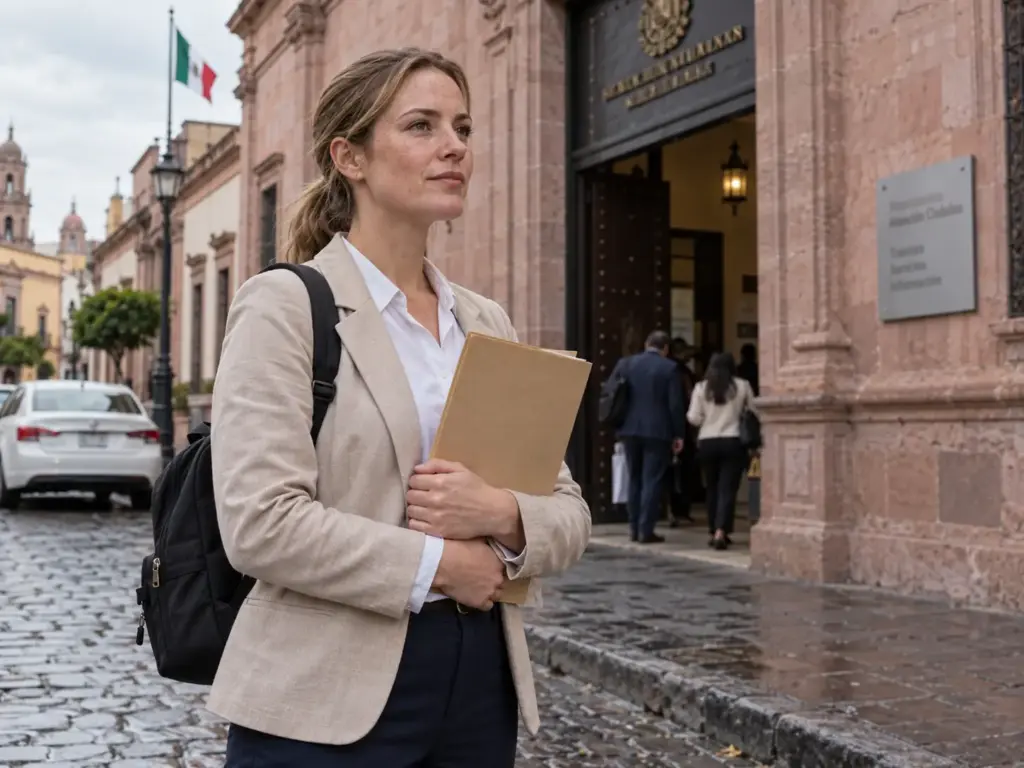 Requisitos para la Visa de Trabajo en México 2026 6 Mujer con su carpeta frente a un edificio de gobierno en Querétaro al consultar su cambio de condición de estancia