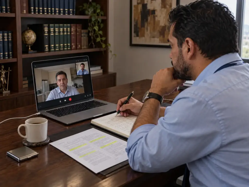 Abogado migratorio en videollamada orientando a un cliente sobre retorno asistido y deportación en México
