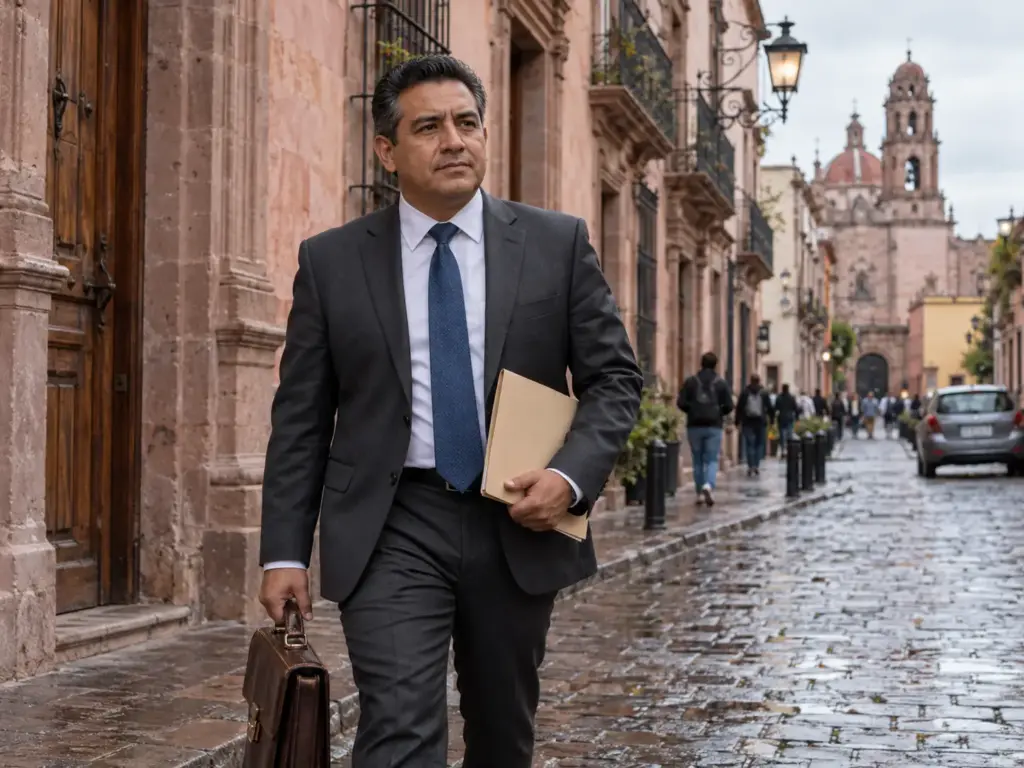 ¿La CIE Revisa el Salario Mínimo Profesional de Extranjeros? 7 Abogado caminando por el Centro Histórico de Querétaro con una carpeta sobre multas laborales y migratorias