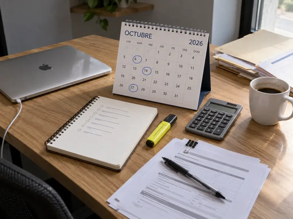 Requisitos del Contrato Laboral para Tu Visa de Trabajo 7 Escritorio con calendario de 2026 y notas de plazos del trámite de visa de trabajo por oferta de empleo