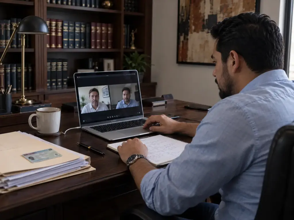 Requisitos para la Visa de Trabajo en México 2026 7 Abogado migratorio en videollamada con un cliente sobre renovación de la tarjeta y avisos de la visa de trabajo
