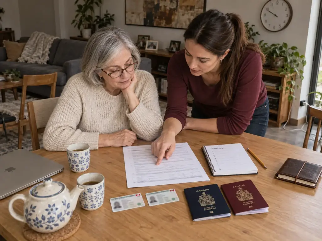 Madre e hija revisando tarjetas de residente y pasaportes en la mesa de una casa en Querétaro